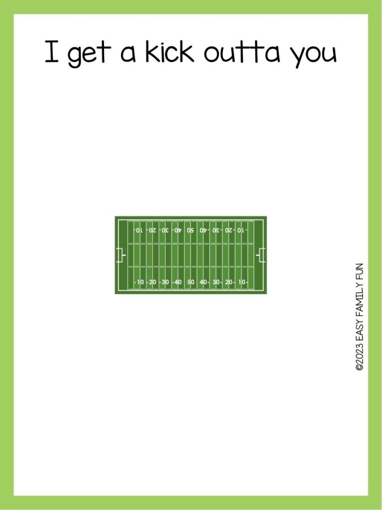 in post image with white background, green border, text of a football pun and an image of a football field