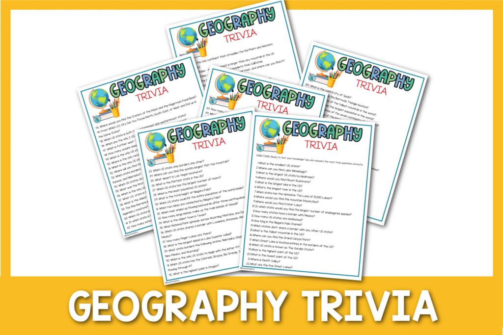 featured image with white background, yellow border, bold white title stating "Geography Trivia" and images of geography trivia sheets