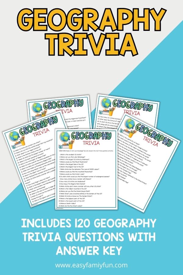 featured image with grey and blue background, bold yellow title stating "Geography Trivia" and images of geography trivia sheets