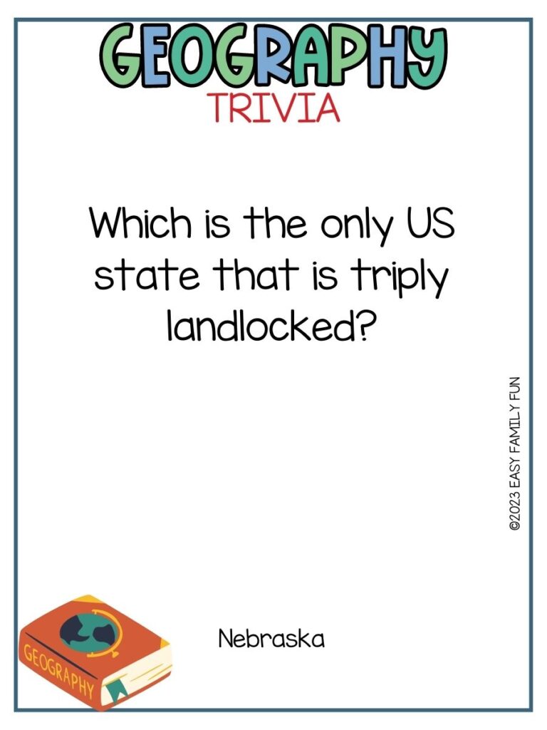 in post image with white background, bold title stating Geography Title, text of a geography trivia question, and an images of a book