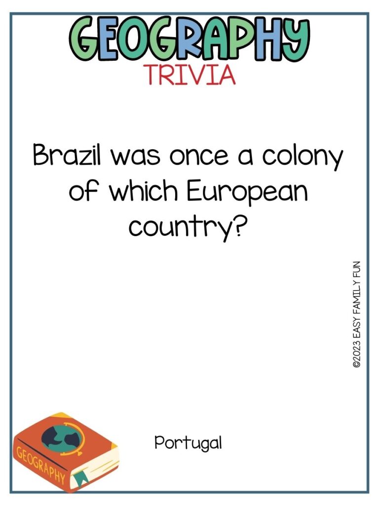 in post image with white background, bold title stating Geography Title, text of a geography trivia question, and an images of a book