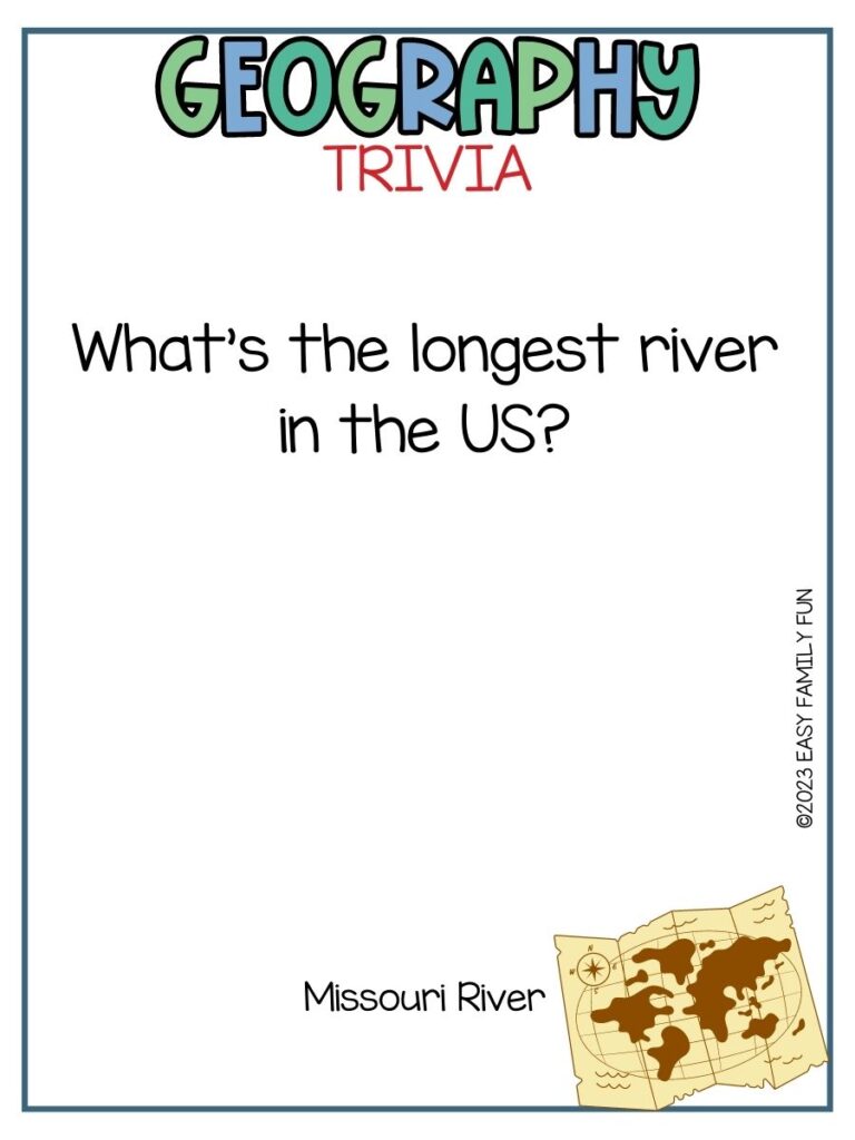 in post image with white background, bold title stating Geography Title, text of a geography trivia question, and an images of a map
