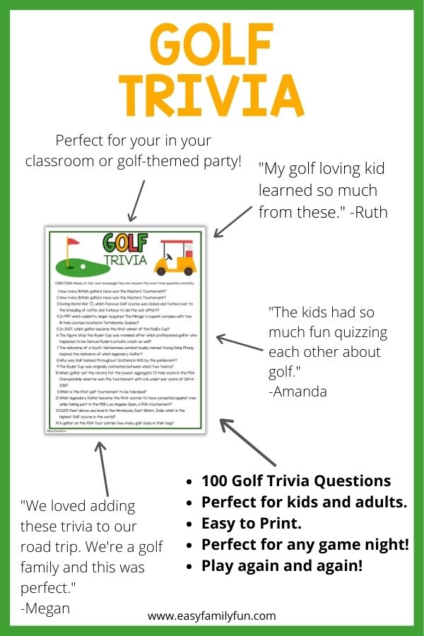 mockup image with white background, green border, bold yellow title that says "Golf Trivia" and image of golf trivia printable surrounded by reviews