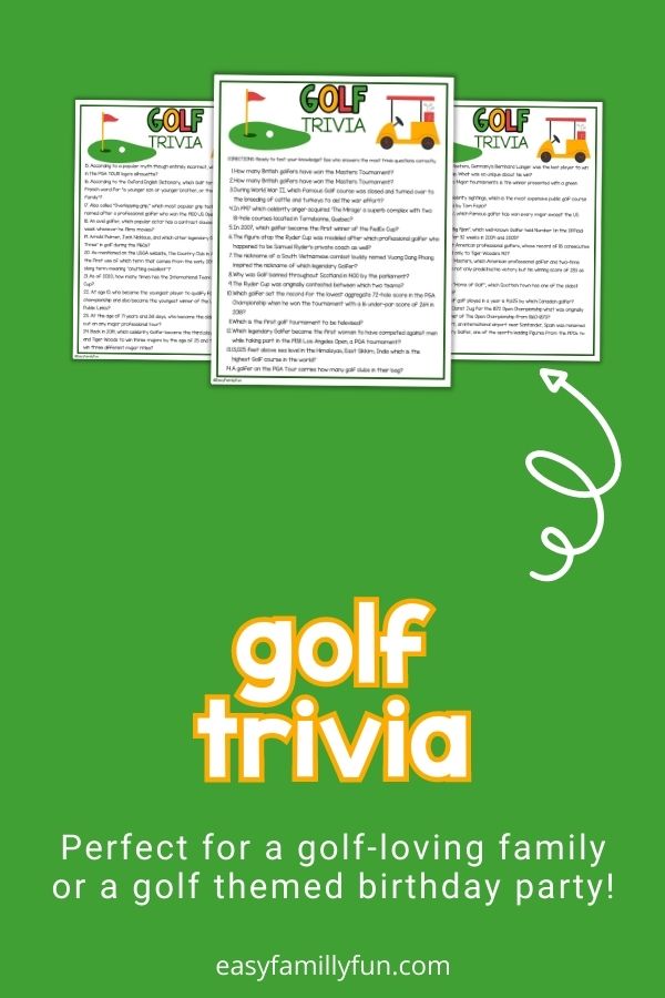 mockup image with green background,  bold white and yellow title that says "Golf Trivia" and images of golf trivia printable