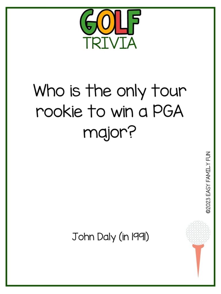 in post image with white background, green border, bold title that says "Golf Trivia", text of a golf trivia question and golf image