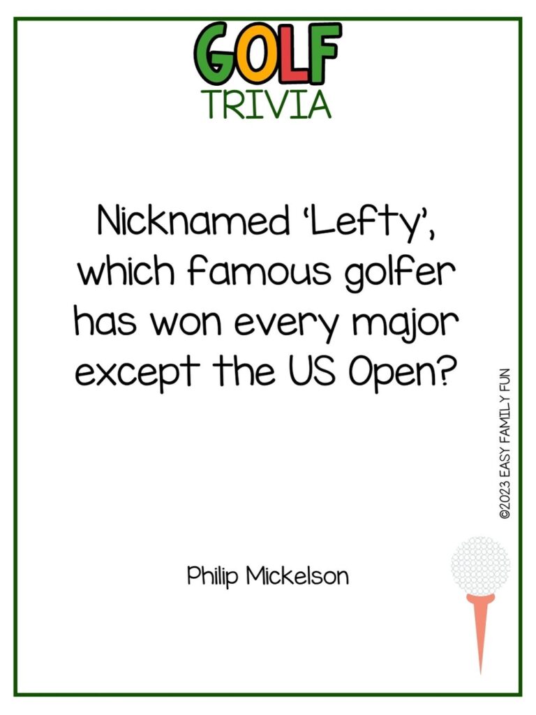 in post image with white background, green border, bold title that says "Golf Trivia", text of a golf trivia question and golf image