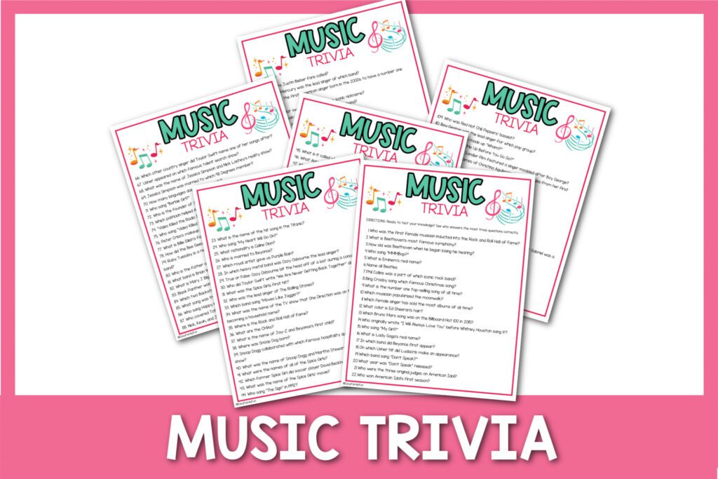 featured image with white background, pink border, bold white text stating "Music Trivia" and images of music trivia questions