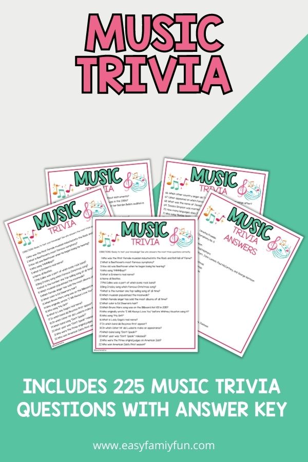 pin image with teal and grey background, bold pink title stating "Music trivia" and images of music trivia sheets