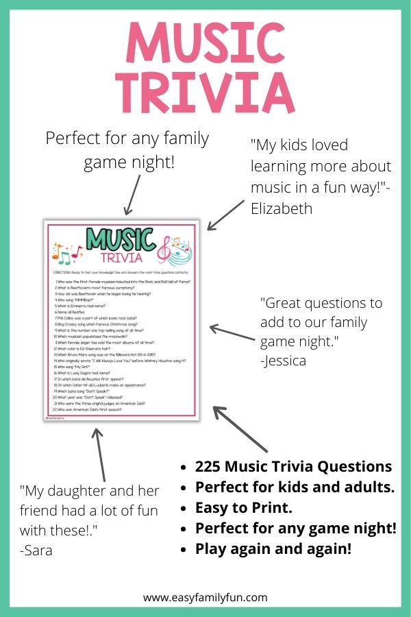 pin image with white background, teal border, bold pink title stating "music trivia" and image of music trivia sheet surrounded by reviews.