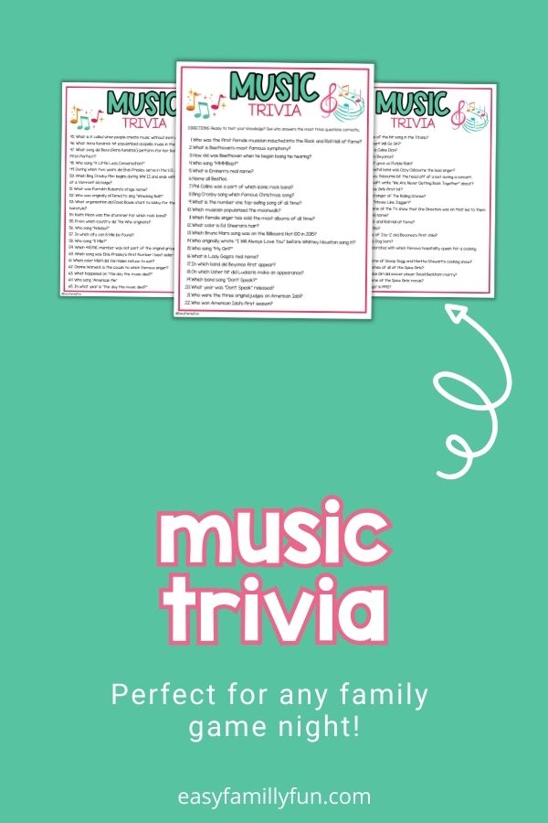 pin image with teal background, bold white title stating "music trivia" and images of music trivia sheets