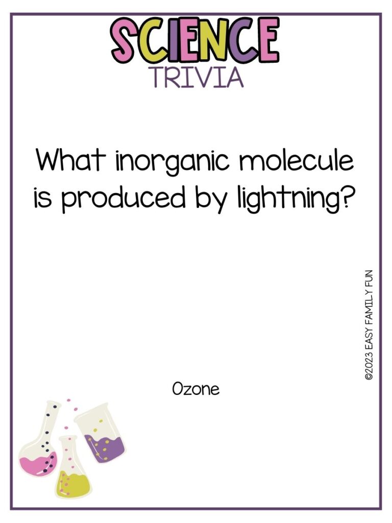 in post image with white background, purple border, bold title stating "Science Trivia", text of a science trivia question and an image of beakers