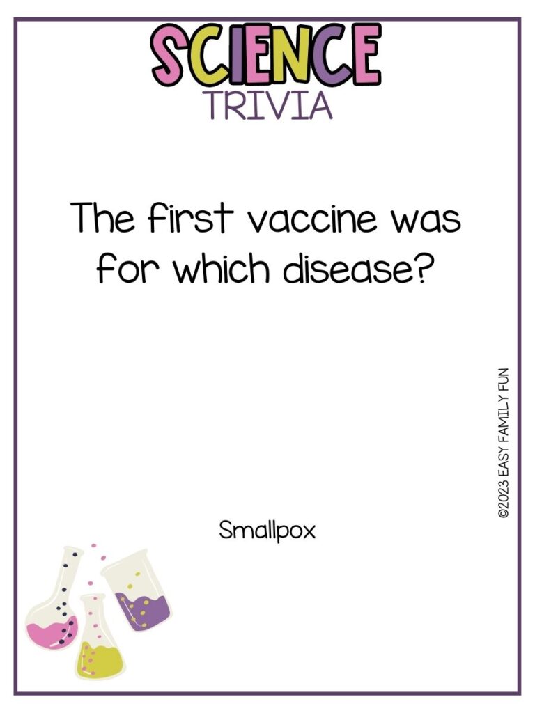 in post image with white background, purple border, bold title stating "Science Trivia", text of a science trivia question and an image of beakers