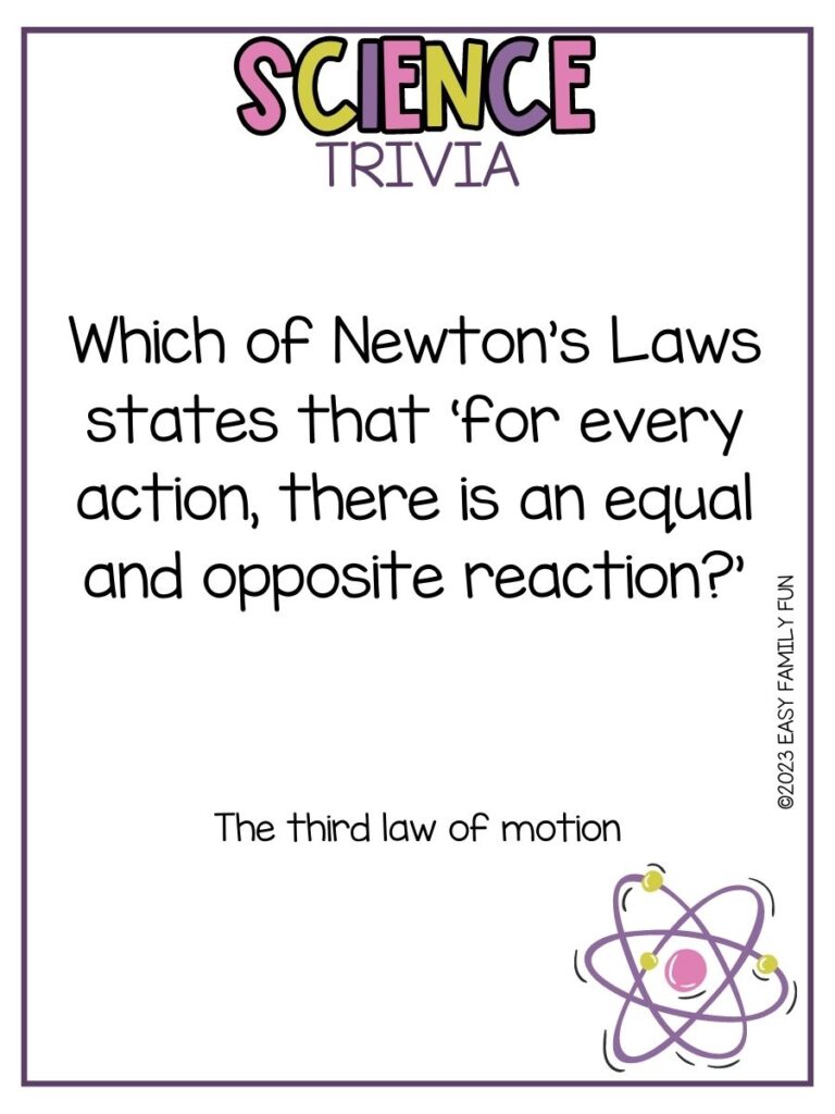 in post image with white background, purple border, bold title stating "Science Trivia", text of a science trivia question and an image of an atom