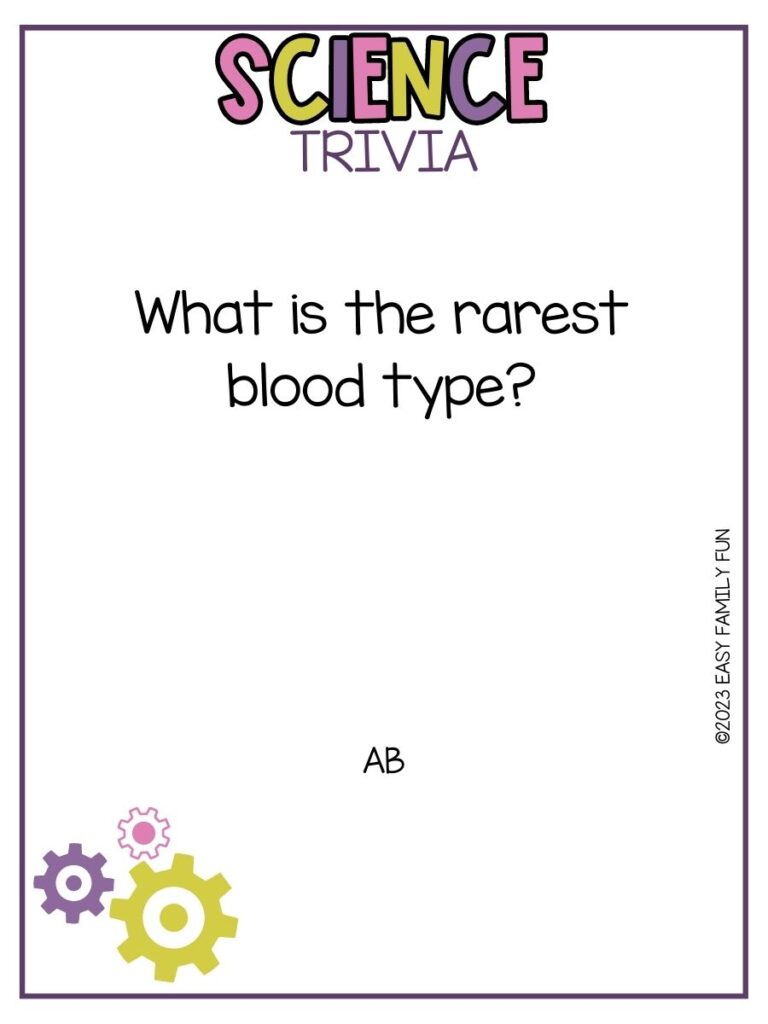 in post image with white background, purple border, bold title stating "Science Trivia", text of a science trivia question and an image of gears