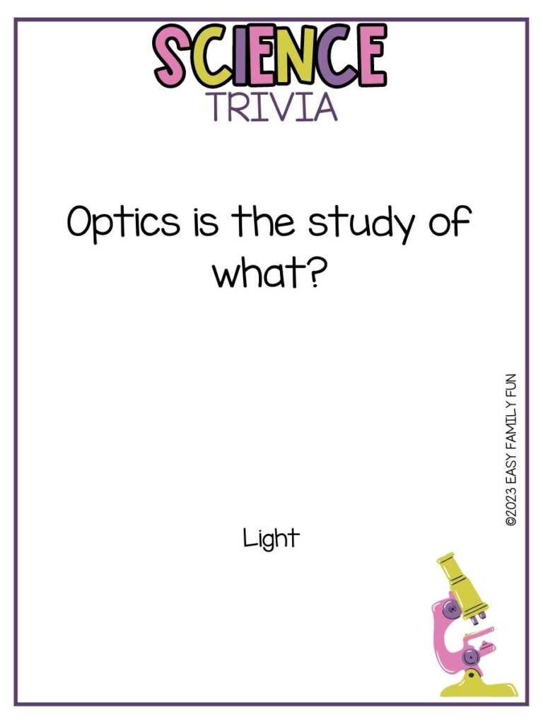 in post image with white background, purple border, bold title stating "Science Trivia", text of a science trivia question and an image of a microscope