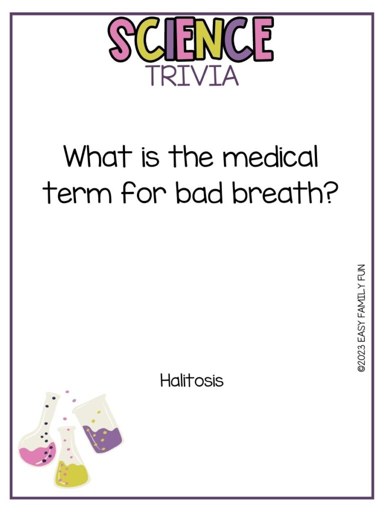 in post image with white background, purple border, bold title stating "Science Trivia", text of a science trivia question and an image of beakers