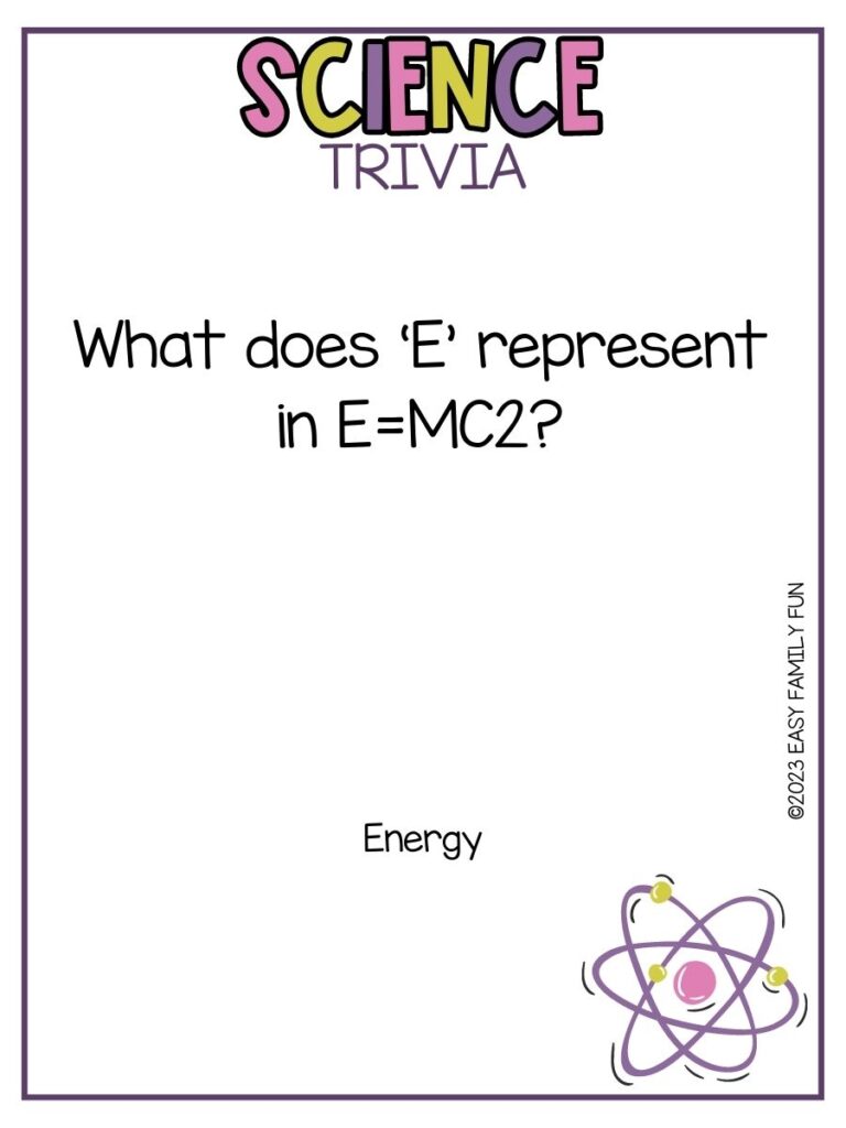 in post image with white background, purple border, bold title stating "Science Trivia", text of a science trivia question and an image of an atom