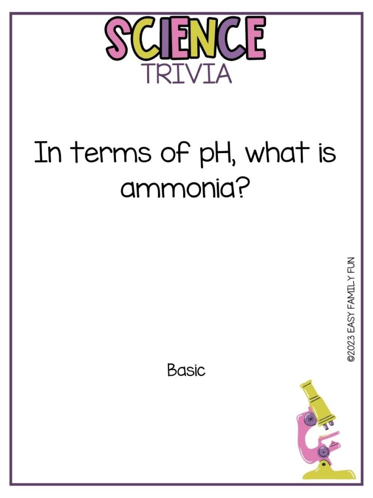 in post image with white background, purple border, bold title stating "Science Trivia", text of a science trivia question and an image of a microscope