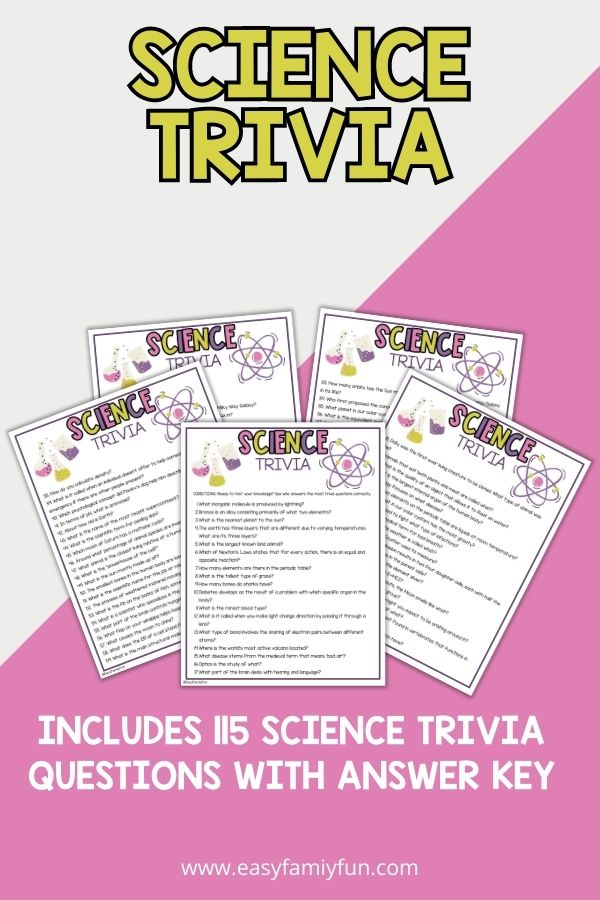 mockup image with pink and grey background, bold green title stating "Science Trivia" and images of science trivia sheets