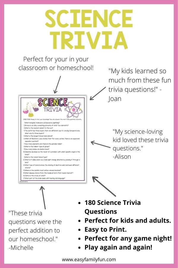 mockup image with white background, pink border, bold green title stating "Science Trivia" and images of science trivia sheets surrounded by reviews. 