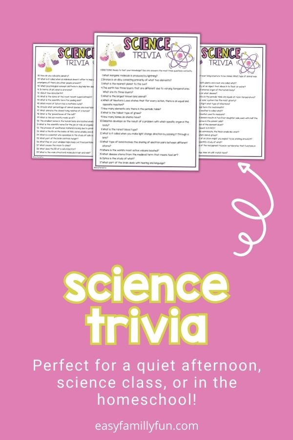 mockup image with pink background, bold white and green title stating "Science Trivia" and images of science trivia sheets