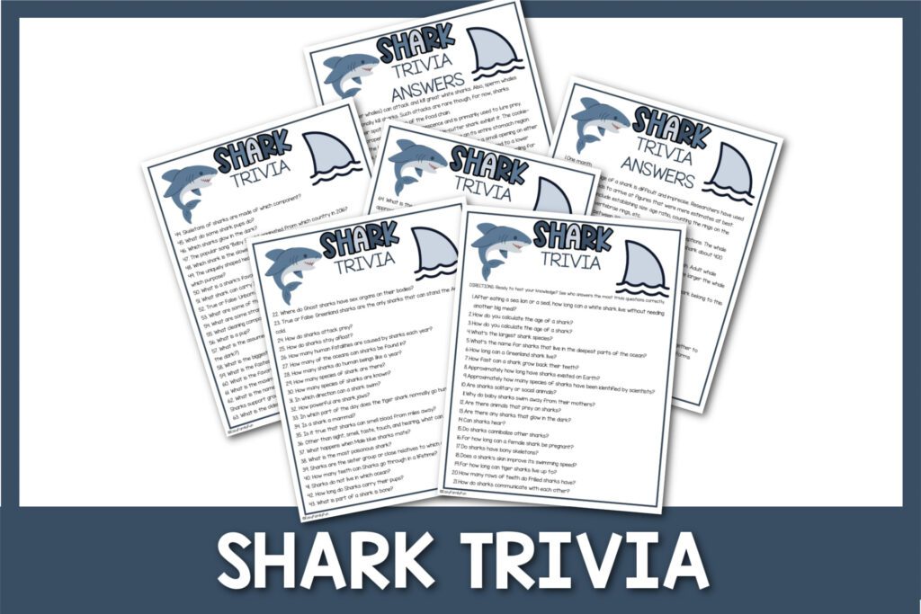 featured image with white background, blue border, bold white title that says "Shark Trivia" and images of shark trivia sheets