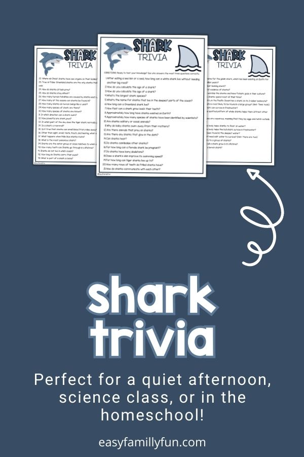 mockup image with dark blue background, bold white title saying "Shark Trivia", and image of shark trivia sheet