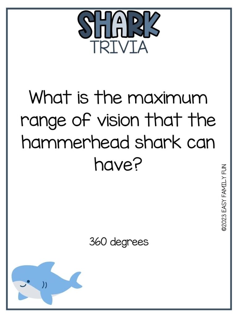 in post image with white background, blue border, bold blue title that states "Shark Trivia", text of a shark trivia question and answer, and image of a shark 