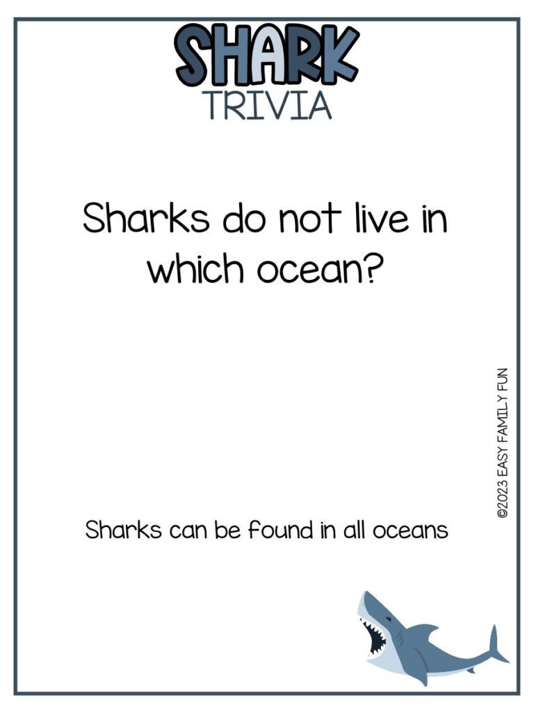 in post image with white background, blue border, bold blue title that states "Shark Trivia", text of a shark trivia question and answer, and image of a shark 