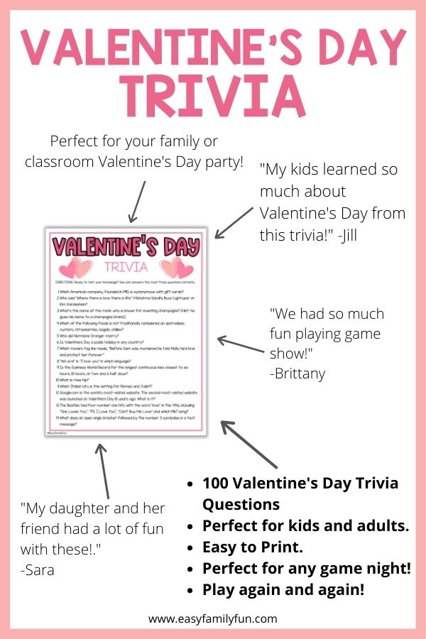 mockup image with white background, pink border, bold pink title stating "Valentine's Day Trivia", image of trivia sheet surrounded by reviews. 