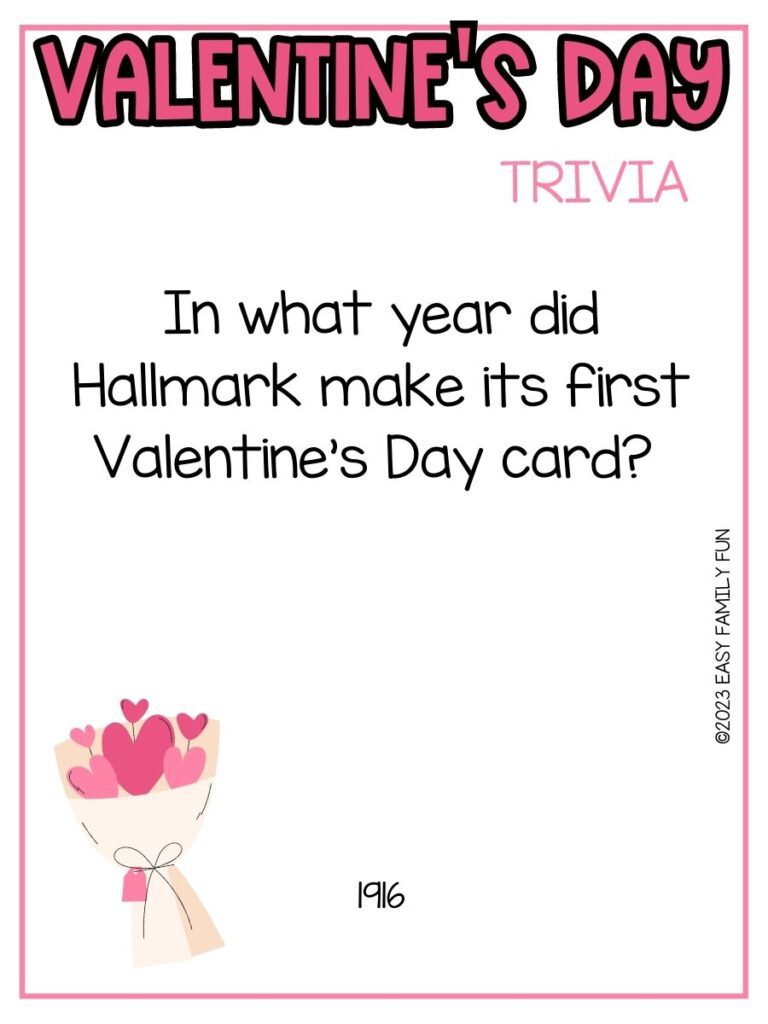 in post image with white background, pink border, bold pink title stating "Valentine's Day Trivia", text of trivia question, and image of heart bouquet