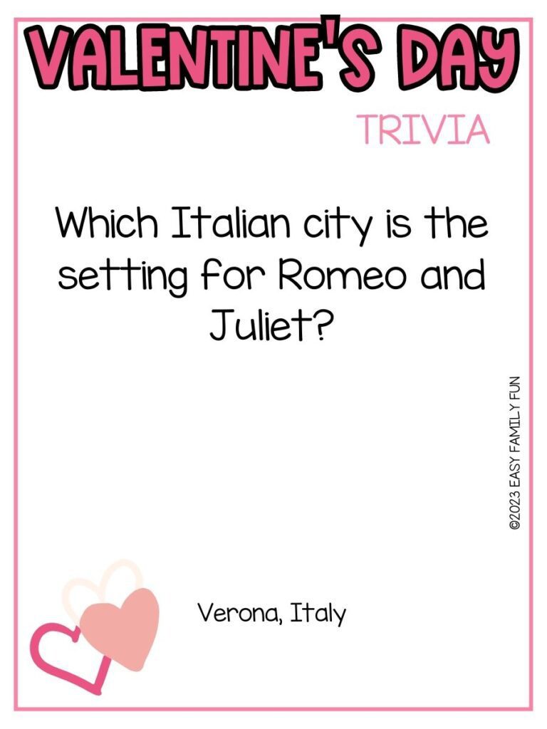 in post image with white background, pink border, bold pink title stating "Valentine's Day Trivia", text of trivia question, and image of hearts