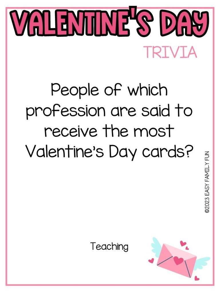 in post image with white background, pink border, bold pink title stating "Valentine's Day Trivia", text of trivia question, and image of heart envelope