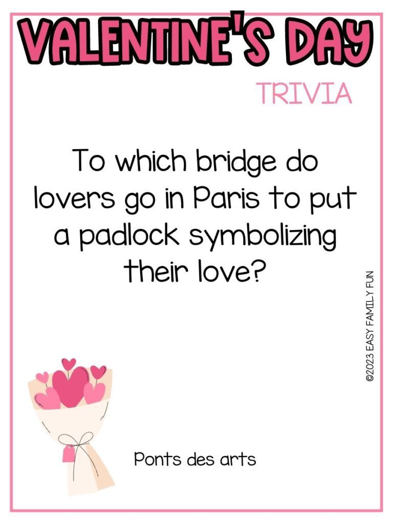 in post image with white background, pink border, bold pink title stating "Valentine's Day Trivia", text of trivia question, and image of heart bouquet 