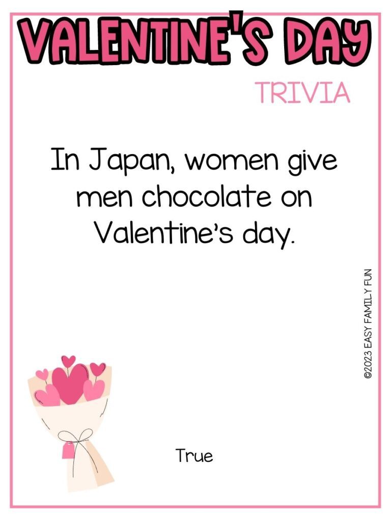 in post image with white background, pink border, bold pink title stating "Valentine's Day Trivia", text of trivia question, and image of heart bouquet