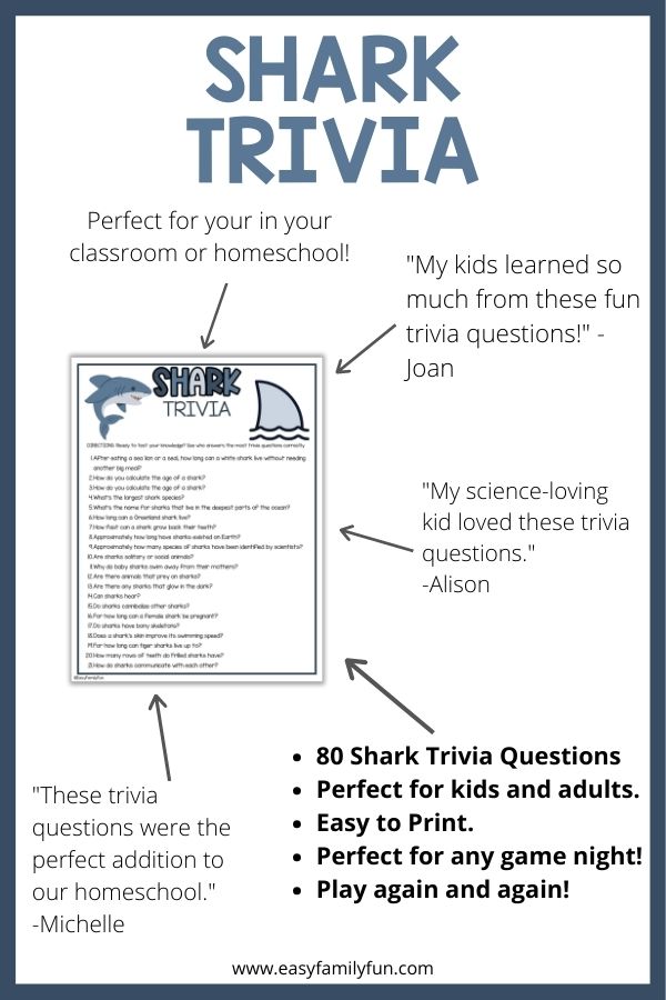 mockup image with white background, blue border, bold blue title saying "Shark Trivia", and image of shark trivia sheet surrounded by reviews