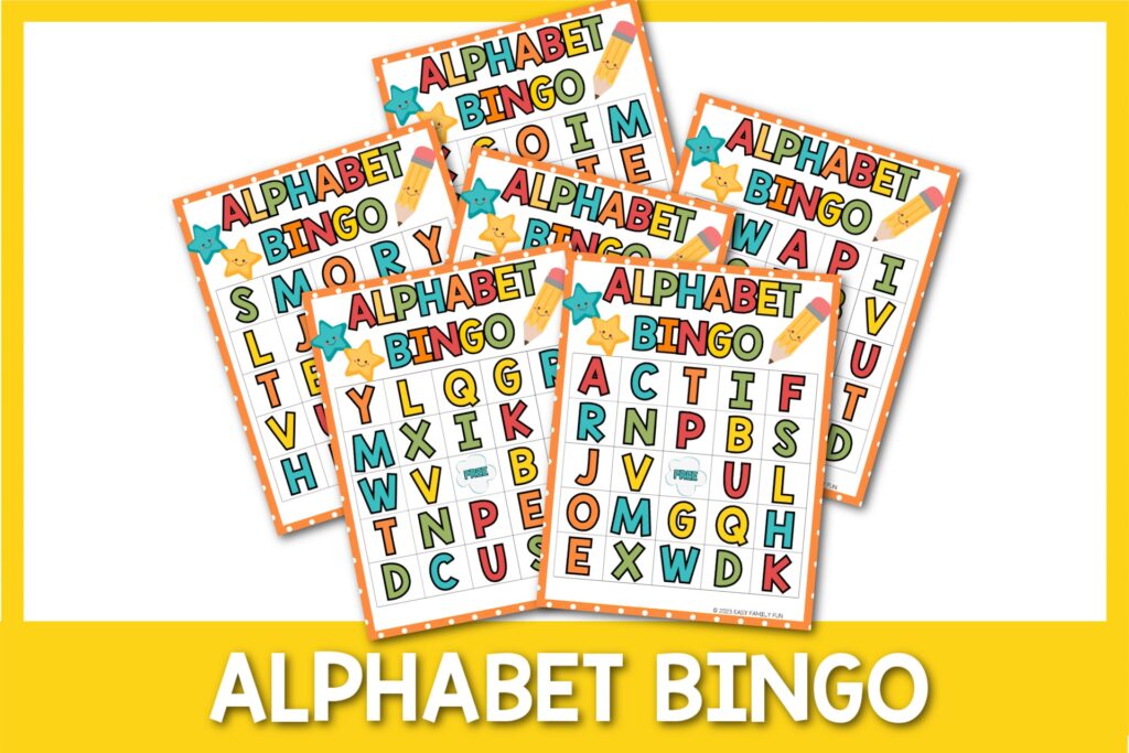featured image with white background, yellow border, bold white title that says "Alphabet Bingo" and images of alphabet bingo printable