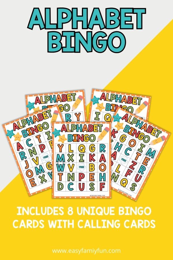 mockup image with grey and yellow background, bold blue title that says "Alphabet Bingo" and images of alphabet bingo printable