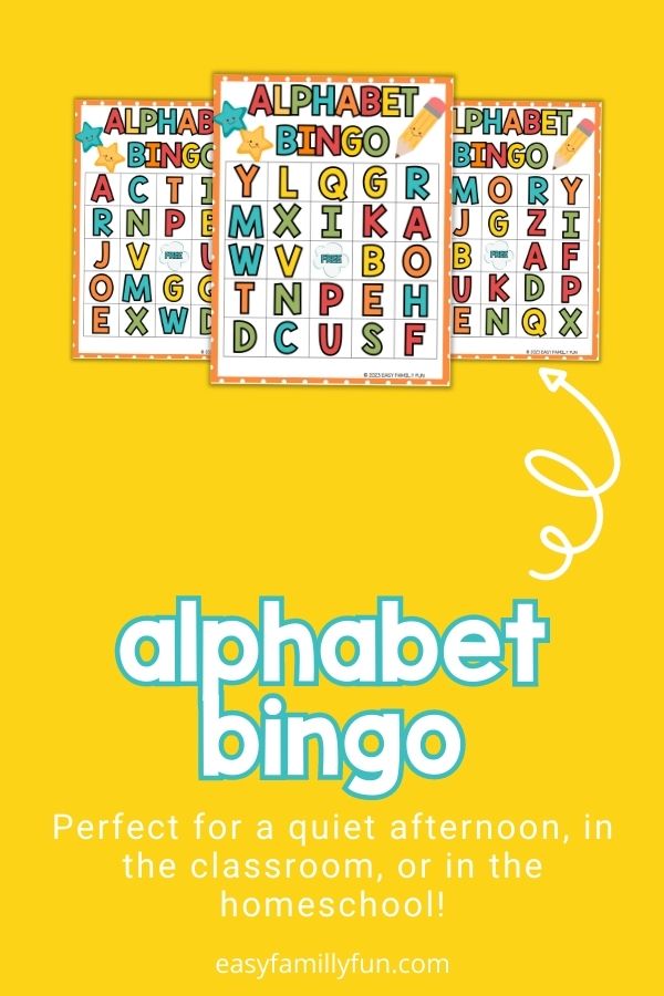 mockup image with yellow background, bold white and blue title that says "Alphabet Bingo" and images of alphabet bingo printable