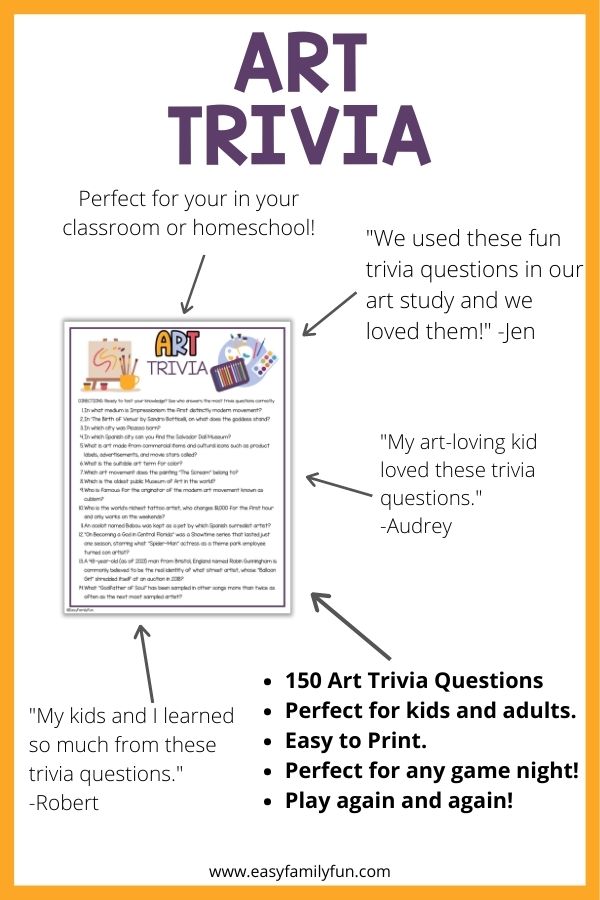 mockups image with white background, yellow border, bold purple title, and image of trivia question sheet surrounded by reviews. 