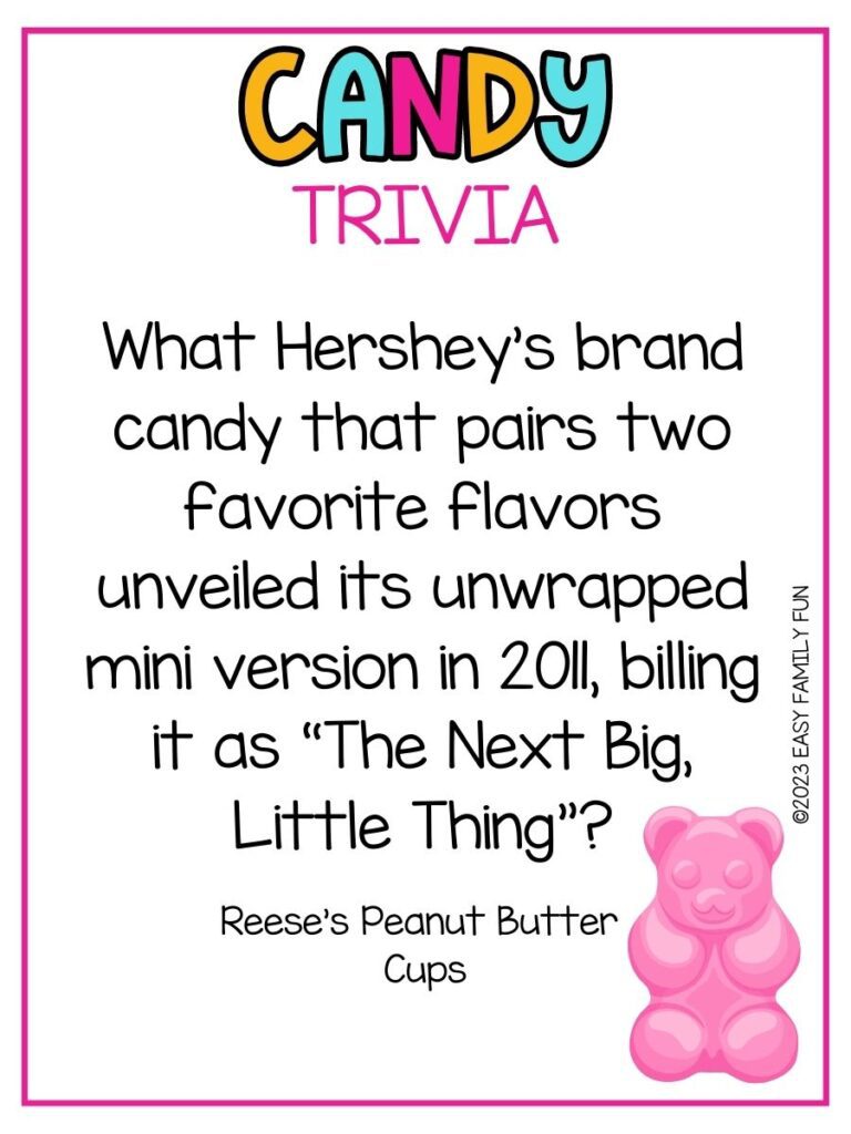 in post image with white background, pink border, bold colorful title that says "Candy Trivia", text of a candy trivia question and an image of candy