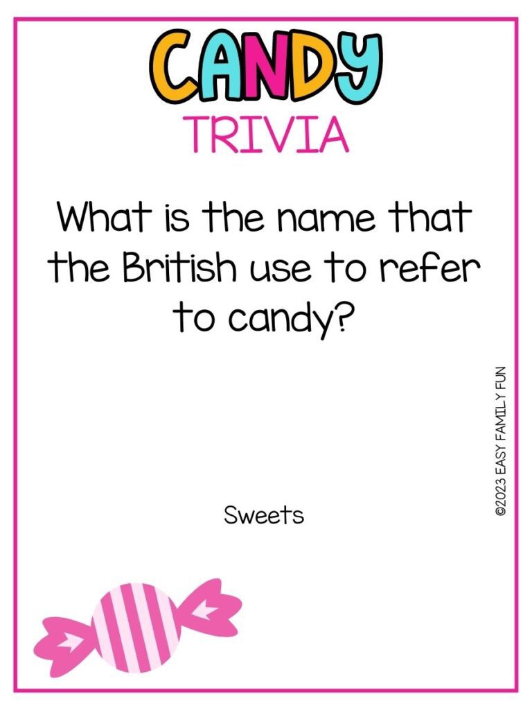 in post image with white background, pink border, bold colorful title that says "Candy Trivia", text of a candy trivia question and an image of candy