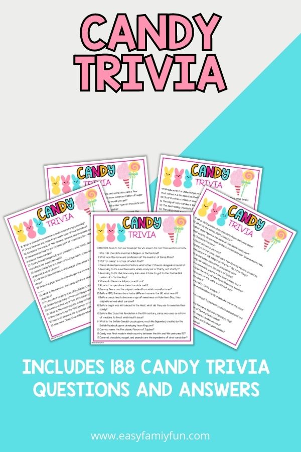 mockup image with grey and blue background, bold pink title that says "Candy Trivia", and images of candy trivia printable