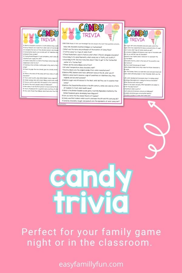 mockup image with pink background, bold white and blue title that says "Candy Trivia", and images of candy trivia printable