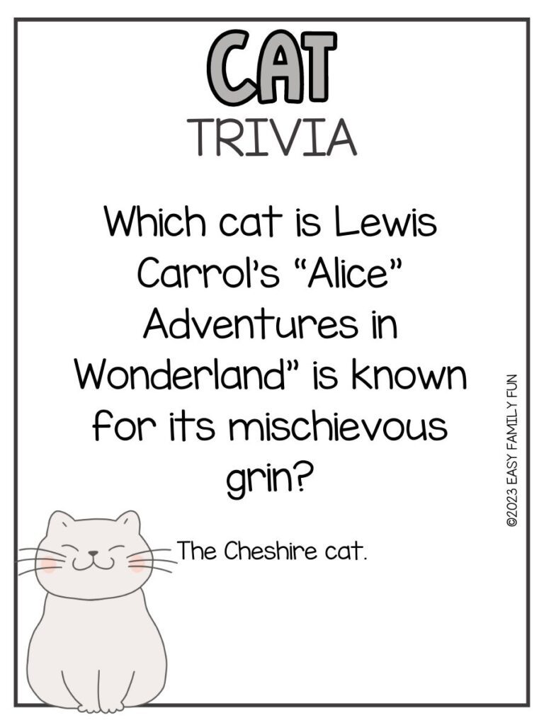 in post image with white background, grey border, grey title that says "Cat Trivia", text of a cat trivia question, and an image of a cat