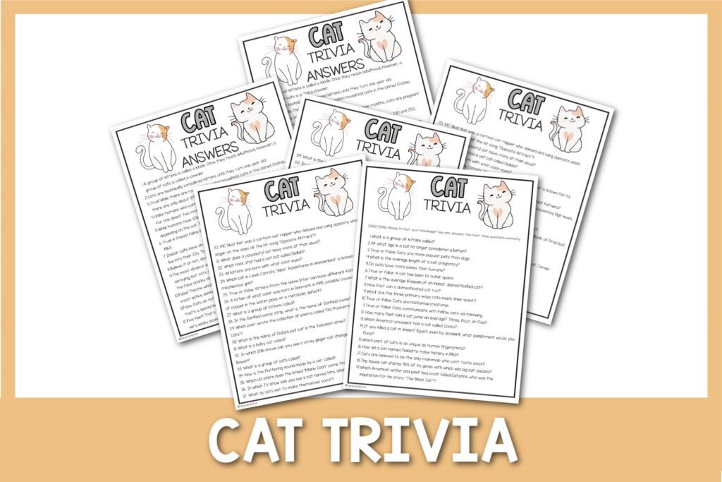 featured image with white background, orange border, bold white title that says "Cat Trivia" and images of cat trivia printable