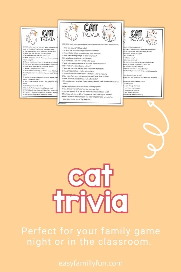mockup image with orange background, coral and white title that says "Cat Trivia" and images of cat trivia printable 
