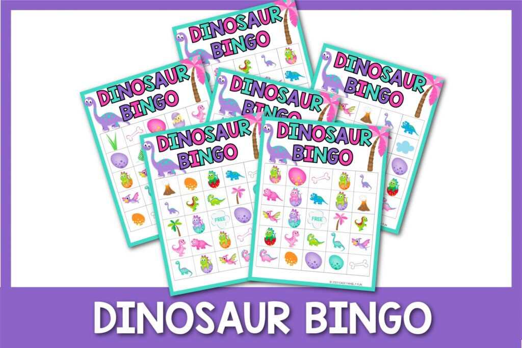 featured image with white background, bold white title that says "Dinosaur Bingo" and images of dinosaur bingo printable