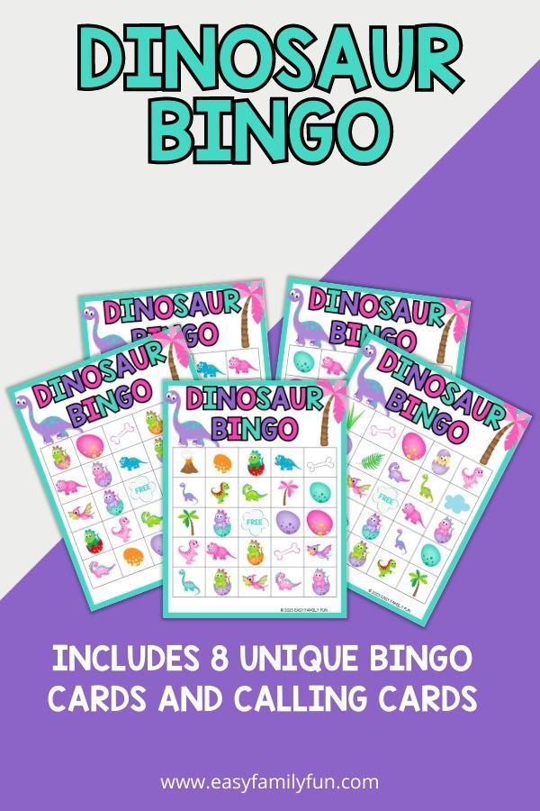 mockup image with grey and purple background, bold blue title that says "Dinosaur Bingo" and images of dinosaur bingo printable