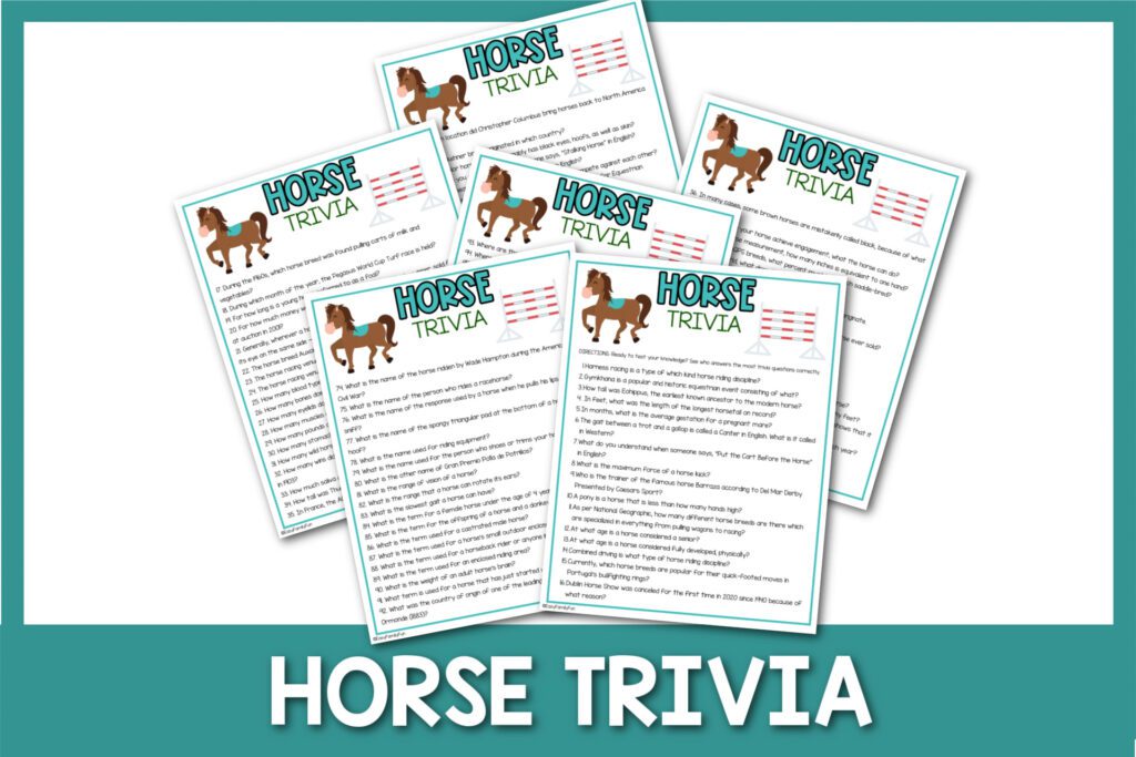 featured image with white background, teal border, bold white title that says "Horse Trivia" and images of horse trivia printables